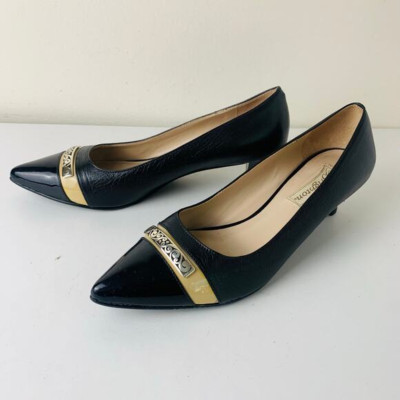 Brighton Black Leather Pointed Toe Pumps Kitten Heels Gold Trim Size 7.5 - Picture 2 of 15